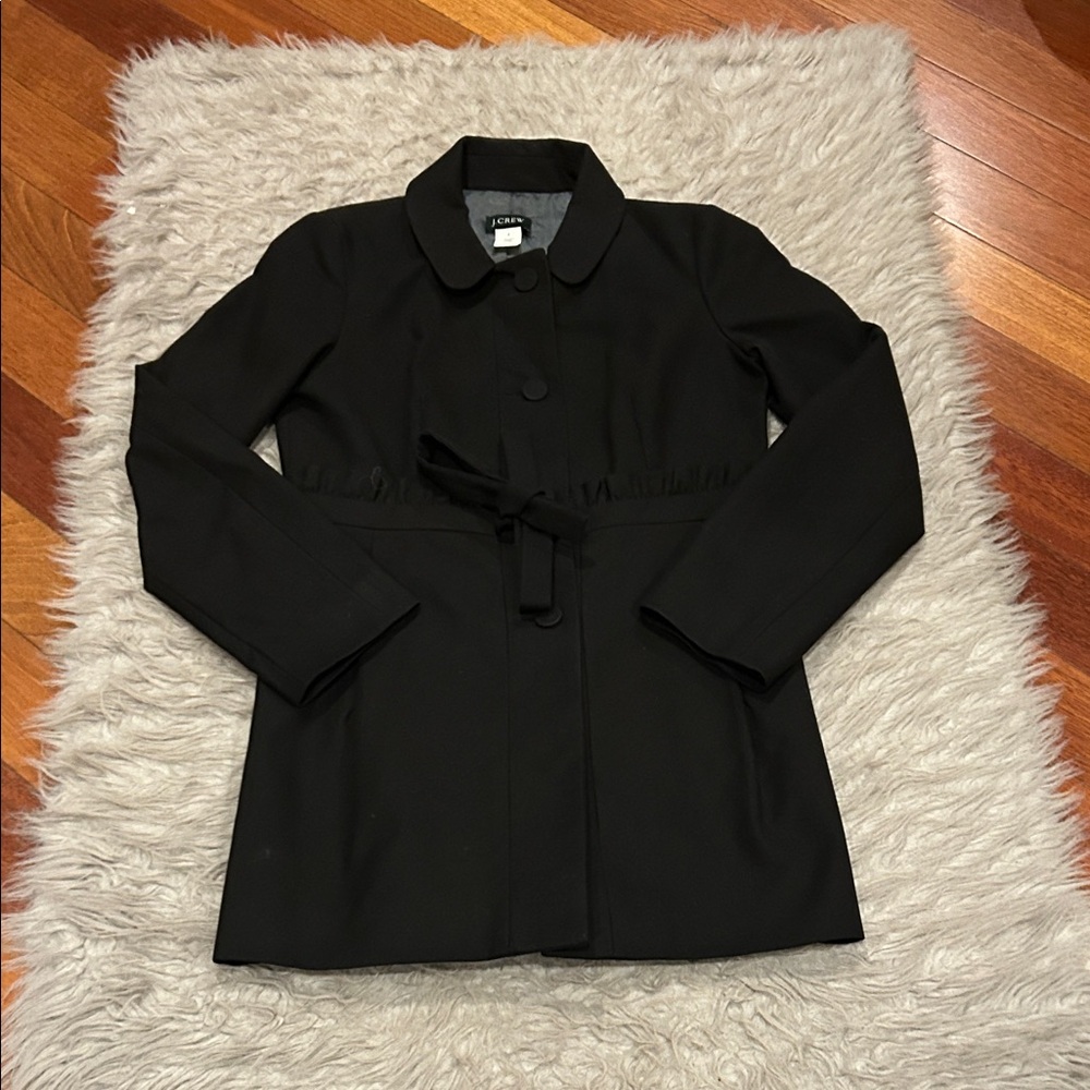 J. Crew Black Cotton Tie Ruffled Waist Button Front Coat